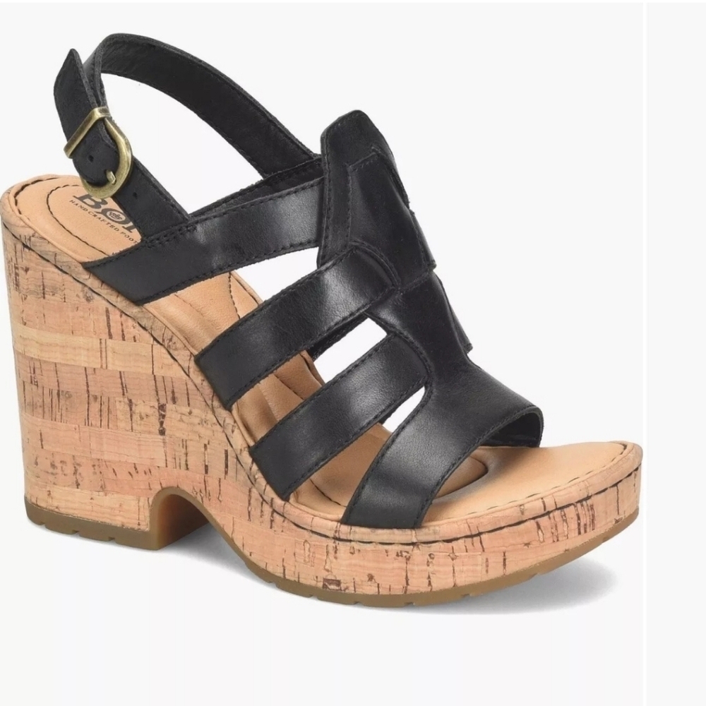 Born Bernese Black Cage Wedge Sandals Size 8 M